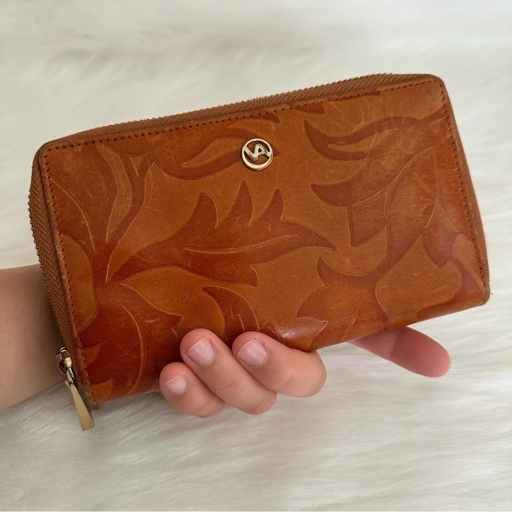 Valentina Italy Embossed Genuine Leather Floral Zip Around Wallet